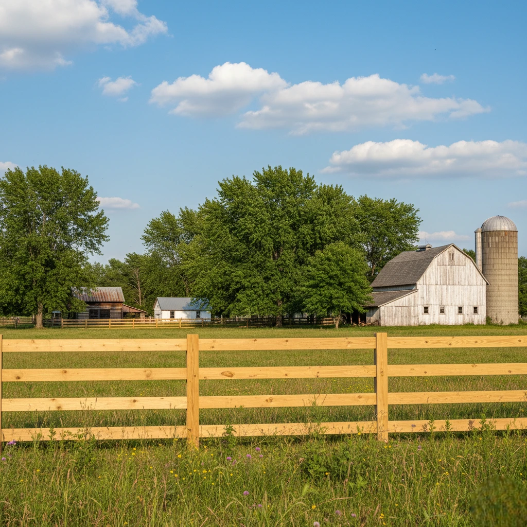 Farm perimeter fence with field fence and wooden posts - agricultural fencing in northeast Mississippi