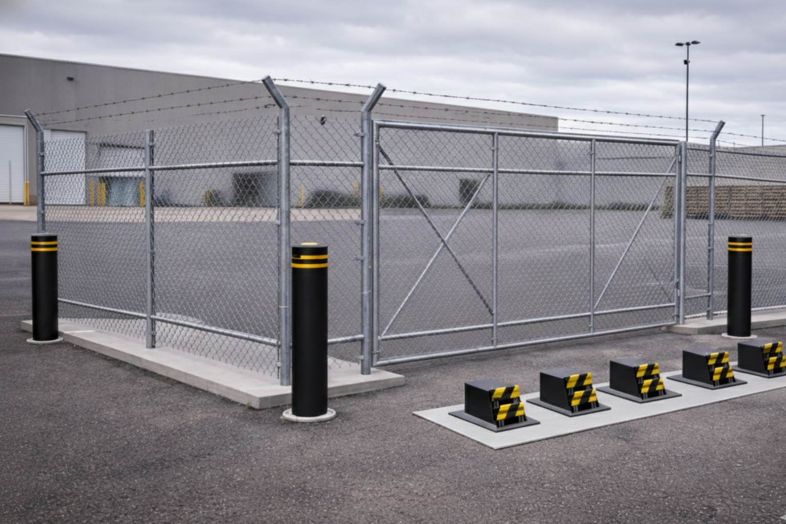 High-security vehicle entry gate for controlled access at industrial or commercial properties
