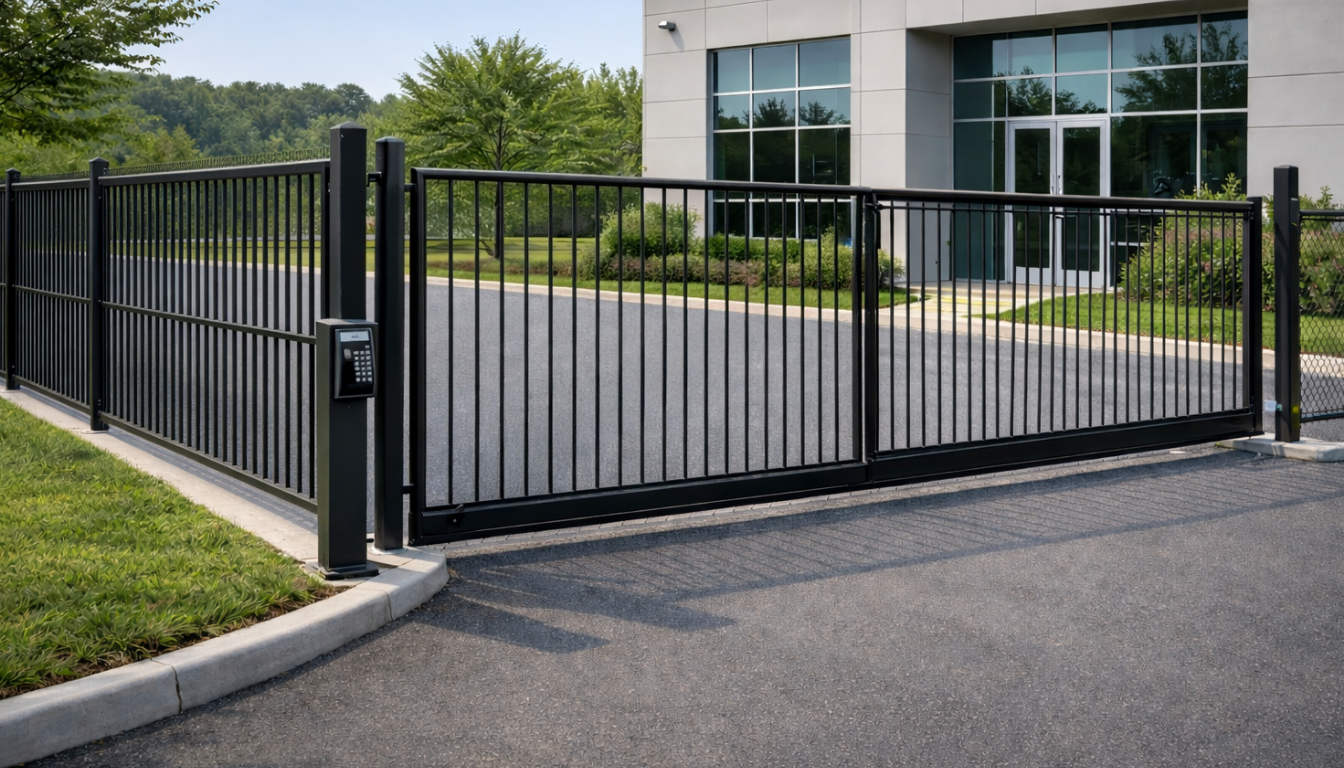 V-track slide gate for commercial property with a bottom-track rolling mechanism