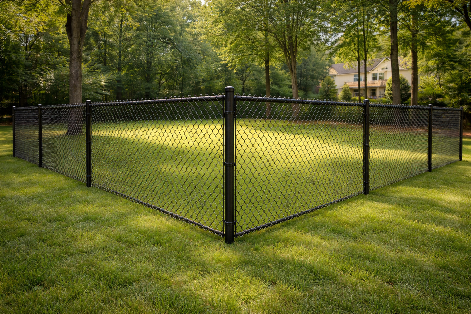 Black vinyl-coated chain link fence for a clean residential appearance with durable mesh