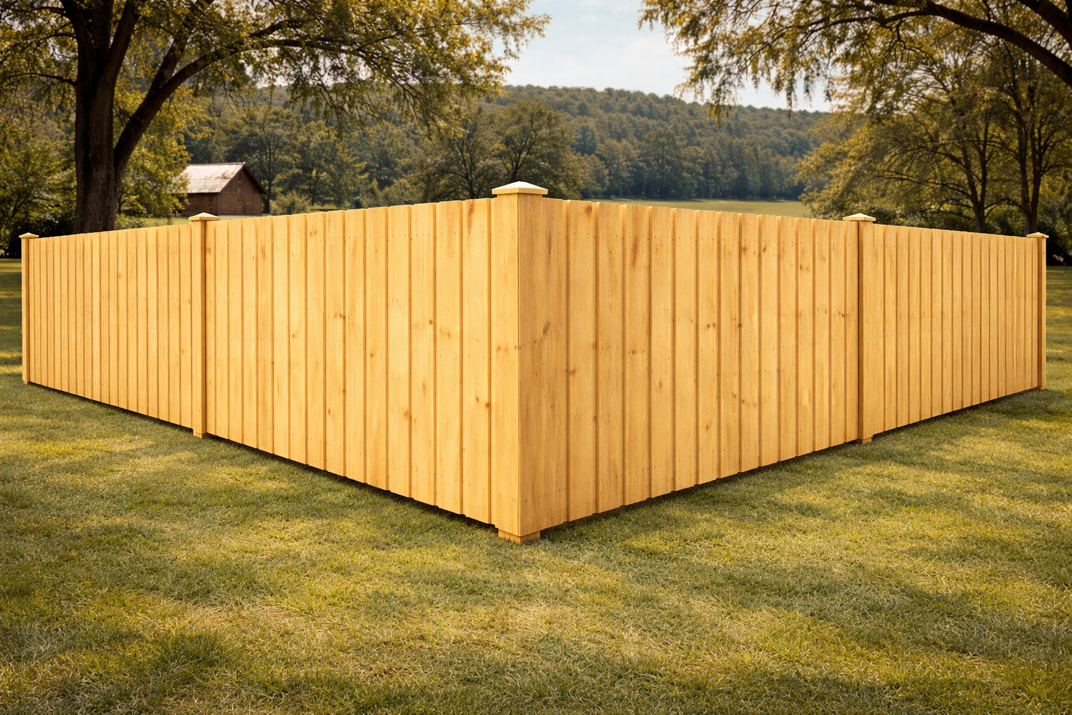 Board-on-board wood privacy fence with overlapping pickets for complete privacy coverage