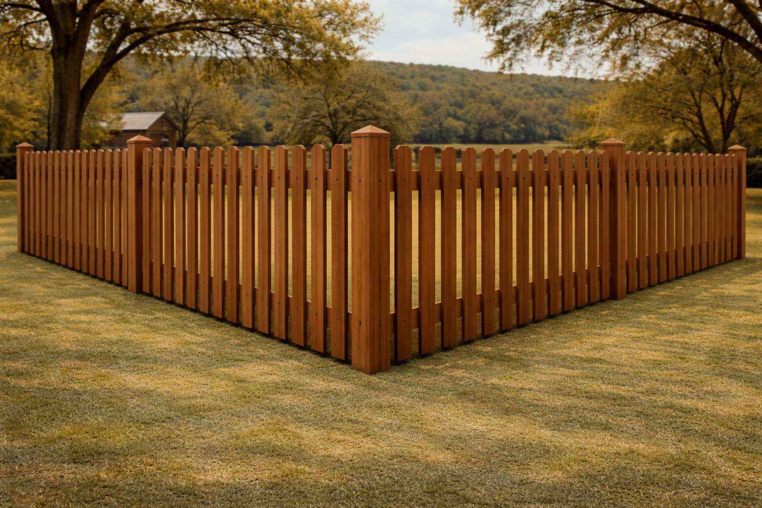 Dog-ear picket wood fence with angled corner cuts and a classic residential profile