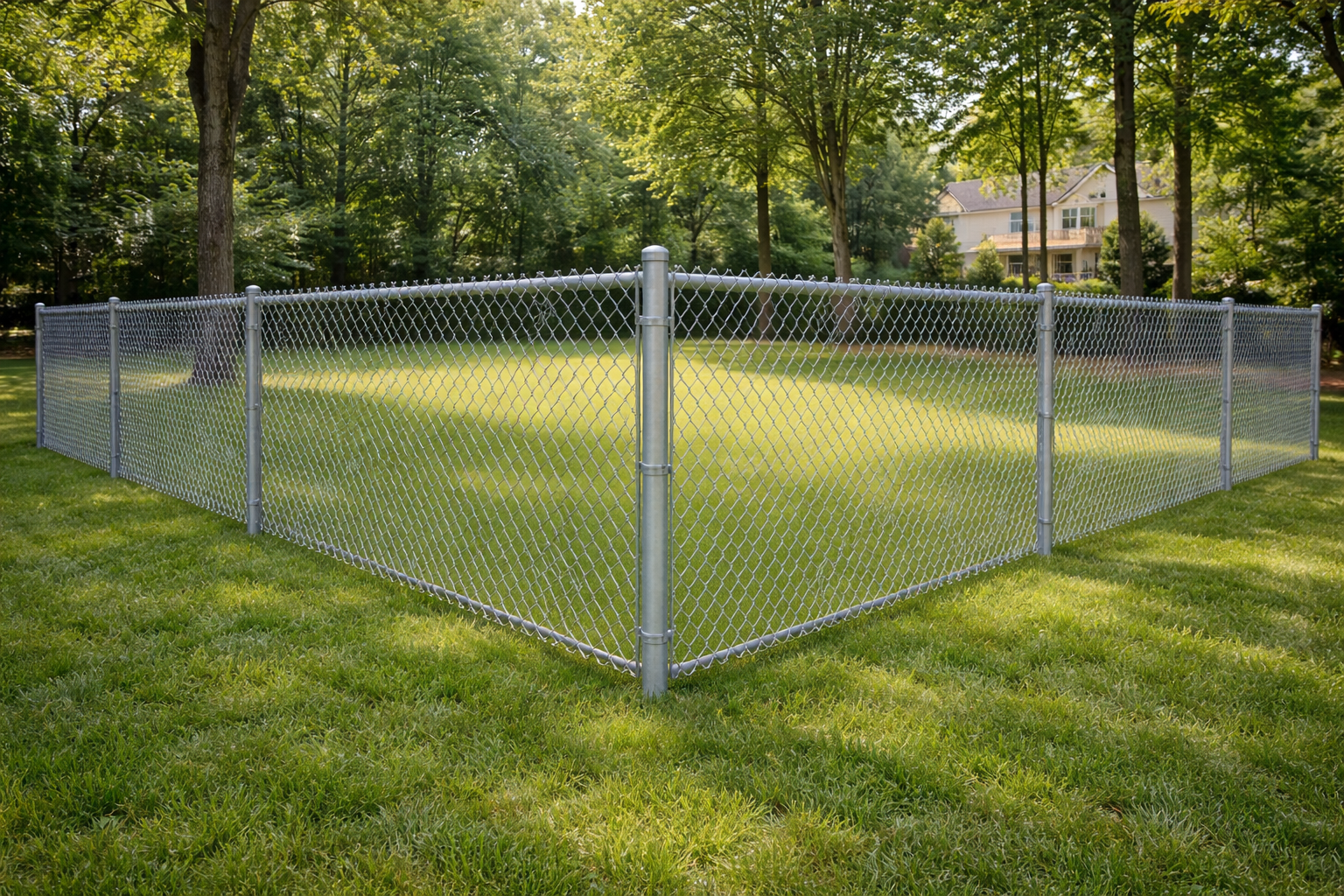 Galvanized chain link fence with silver wire mesh and steel posts for residential use