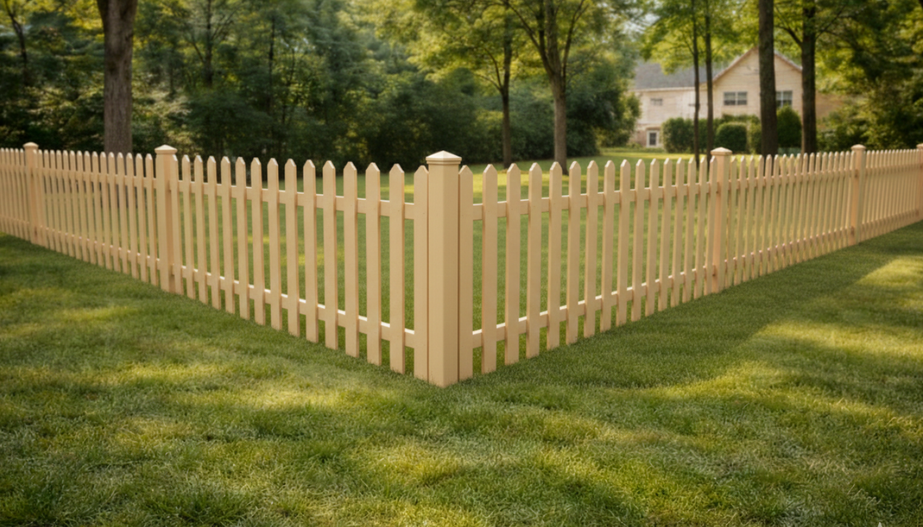 Traditional white vinyl picket fence with decorative spacing for front yards and garden borders