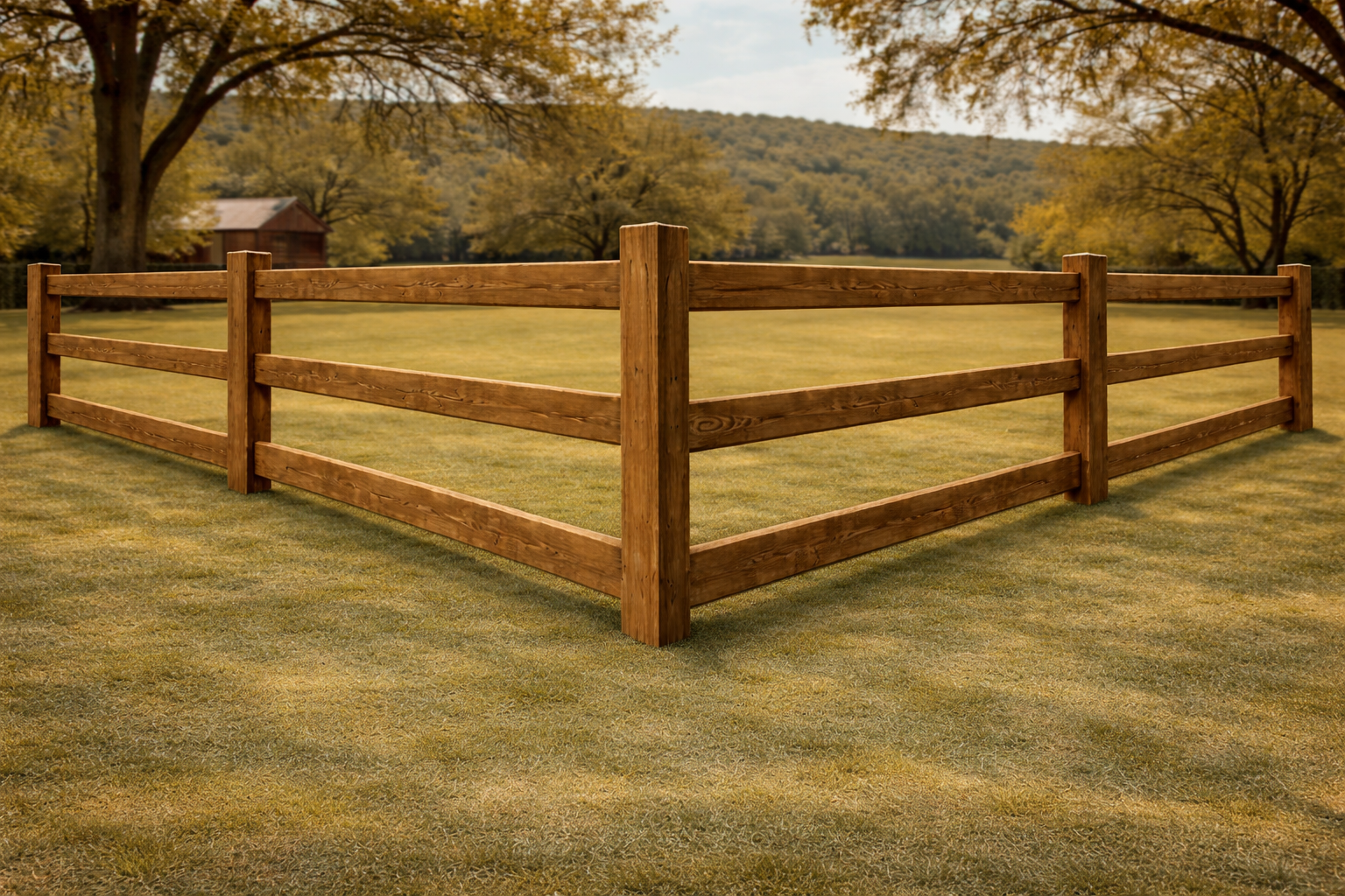 Post-and-rail wood fence style used for rural boundaries and open pasture demarcation
