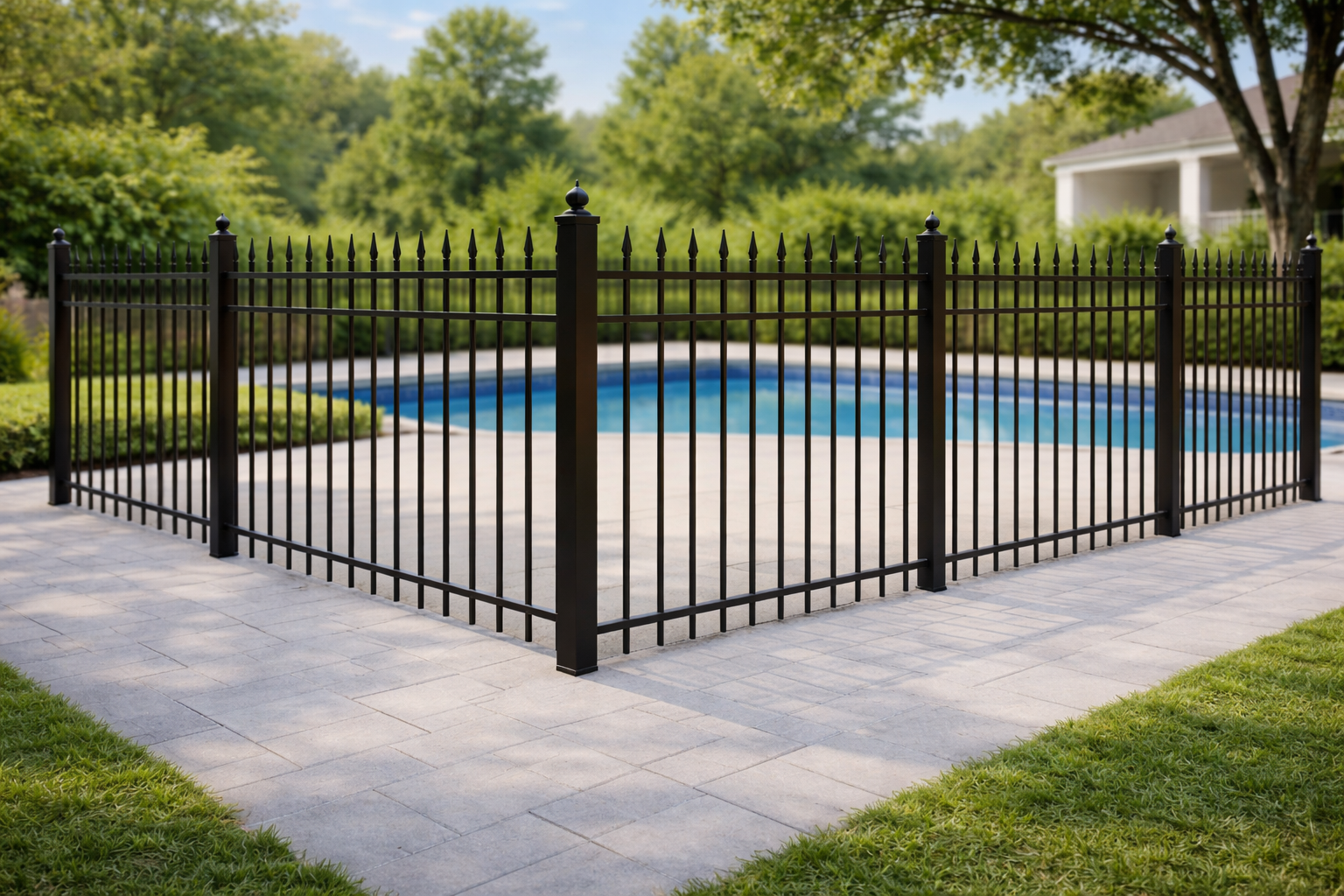 Spear-top aluminum fence with ornamental pointed pickets for decorative and security applications