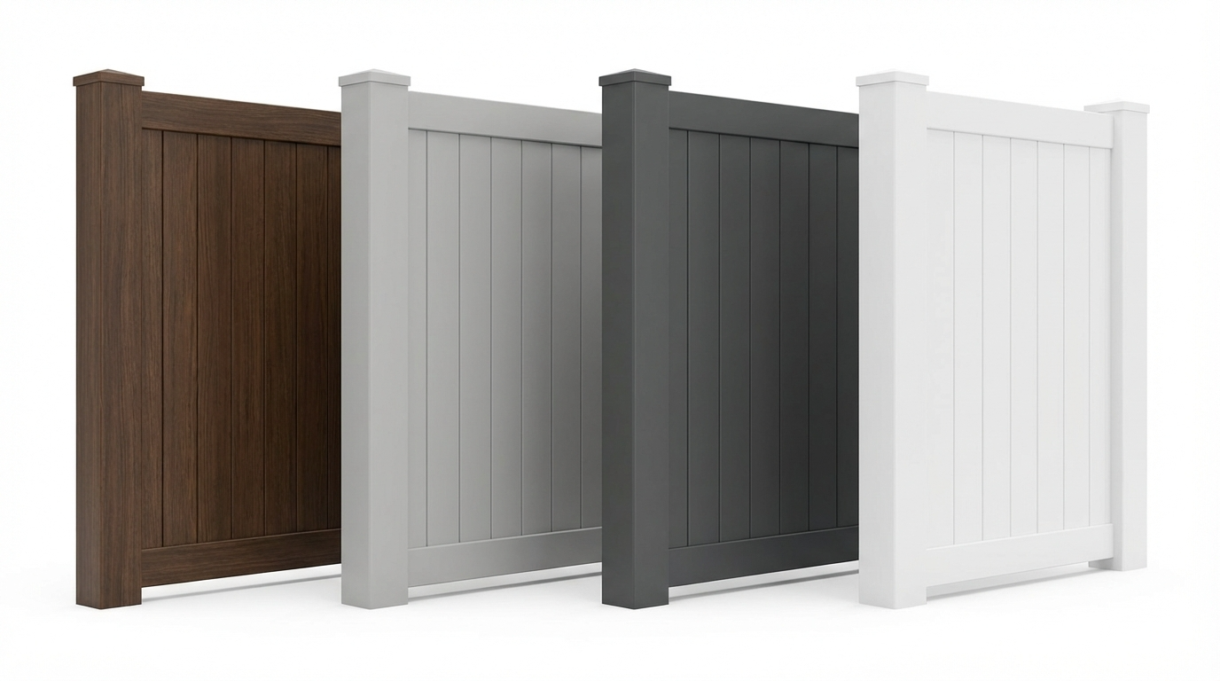 Vinyl fence color options showing white, tan, and gray residential fence choices